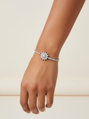 Dainty Silver Flower Tennis Bracelet Made With Swarvoski Austrian Elements